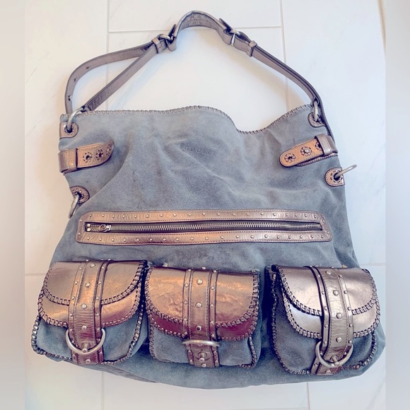 Ghurka Vintage Blue Suede Bag With Leather Trim and Front Pockets - Picture 6 of 13